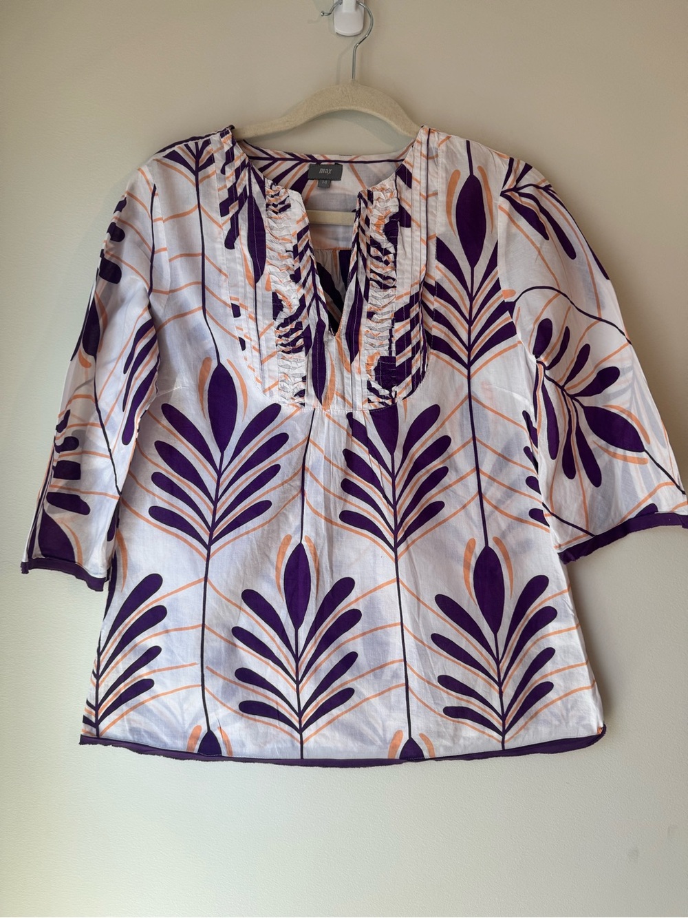 Women's Purple & White Ruffle V-Neck %100 cotton Tunic Top